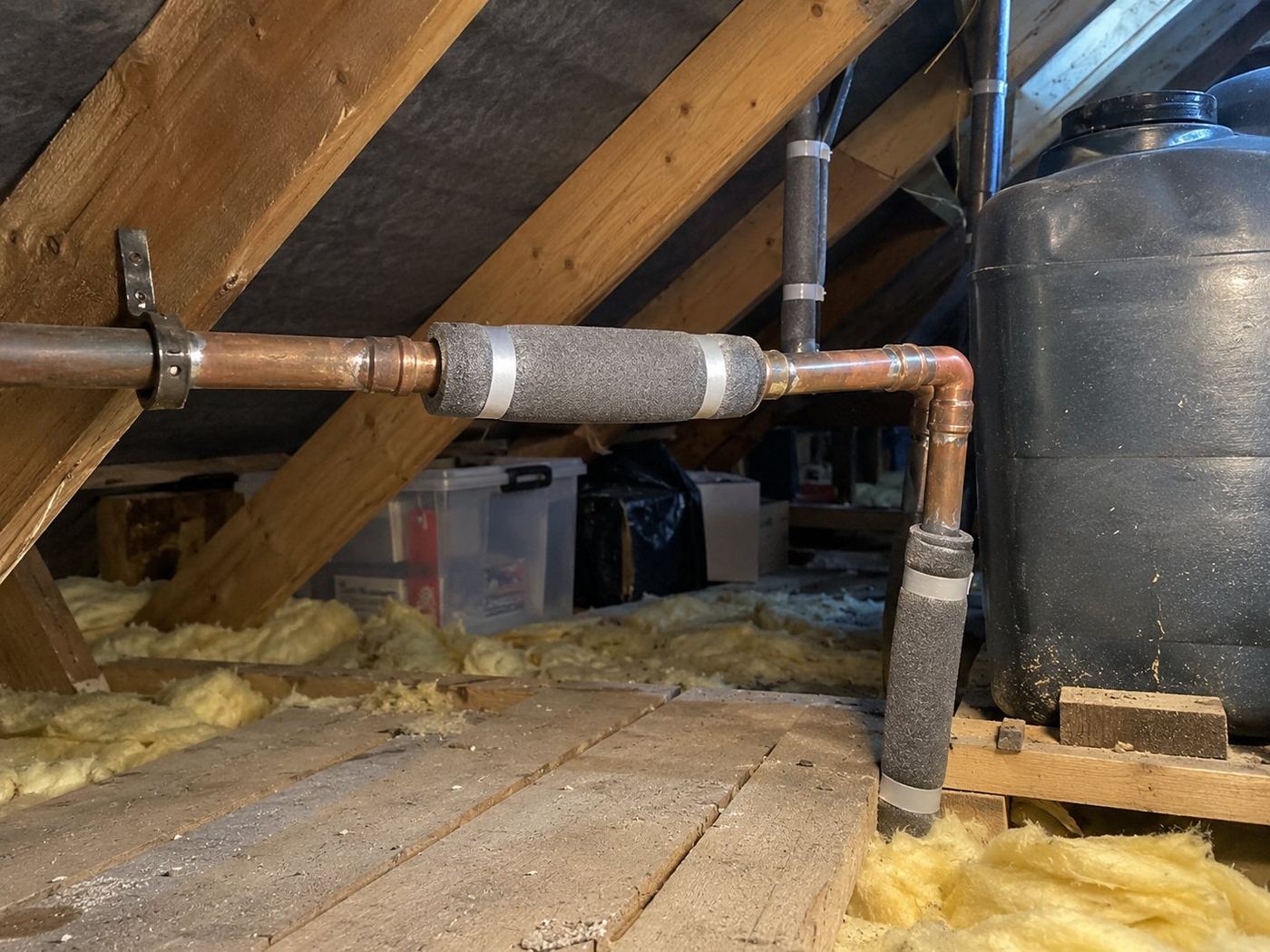 Burst pipe in the attic, weekend call-out: Water coming through a bedroom ceiling on a Saturday morning.