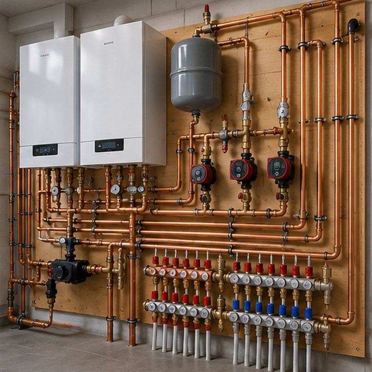 Two boilers with underfloor heating: A large house with a heating load too big for one boiler.