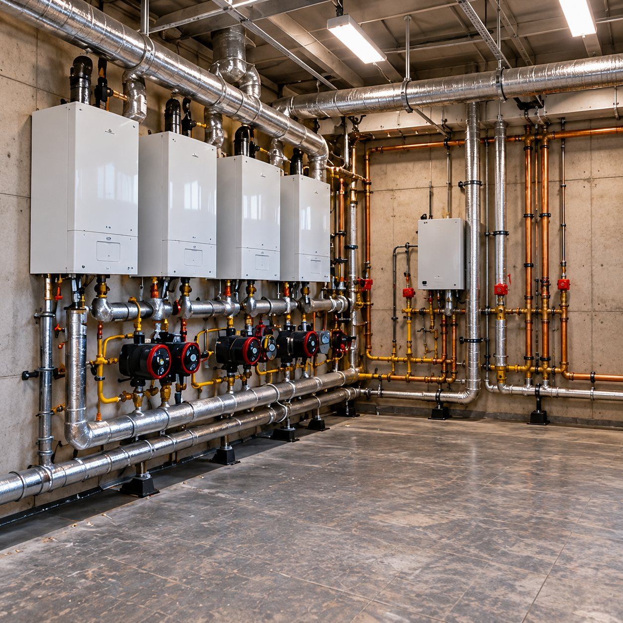 Office boiler servicing, before staff arrive: A bank of four boilers in an office building, on a planned maintenance schedule.