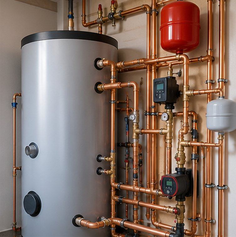 Hot water cylinder replacement: A leaking copper cylinder in the hot press.