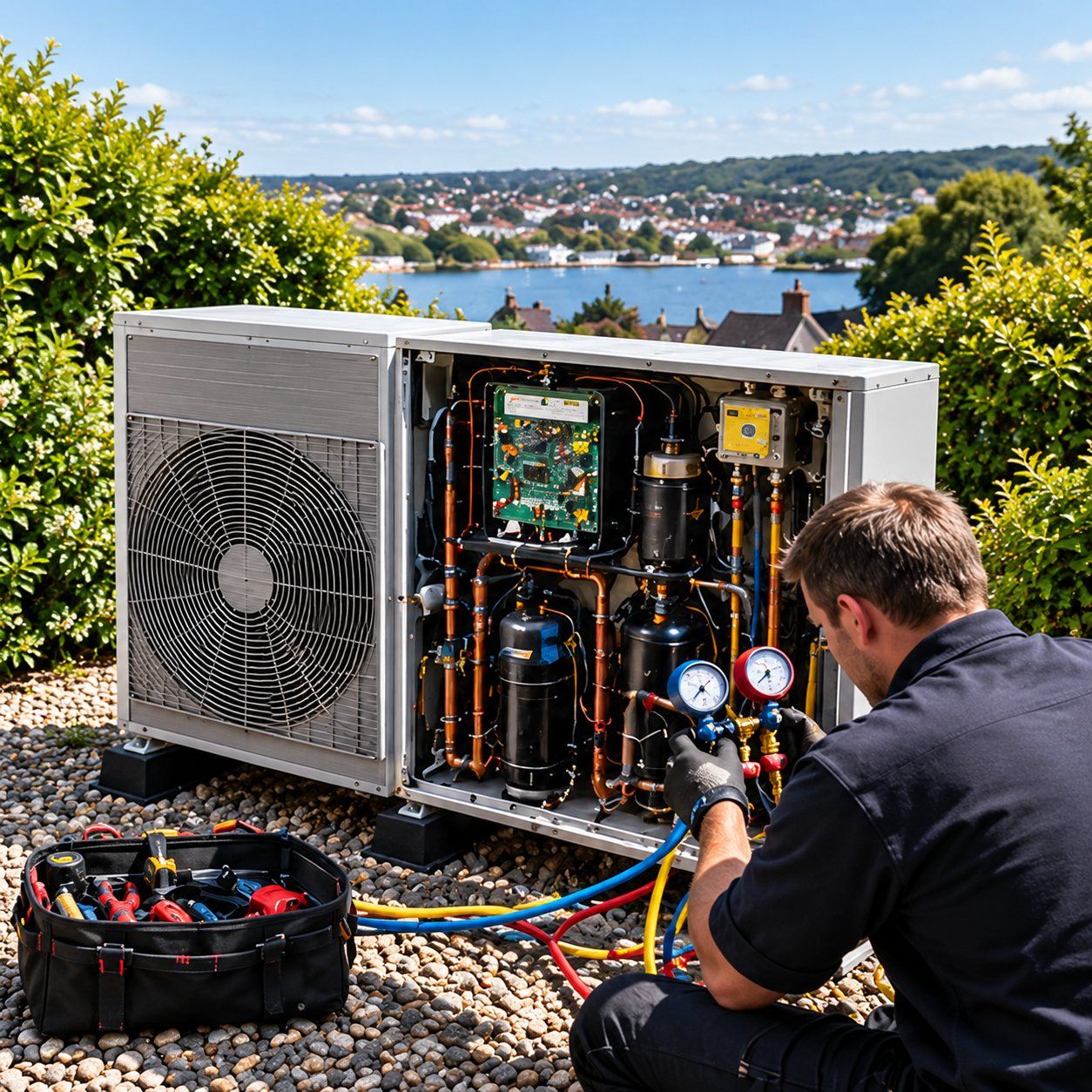 Heat pump service: A yearly service on an air-to-water heat pump.