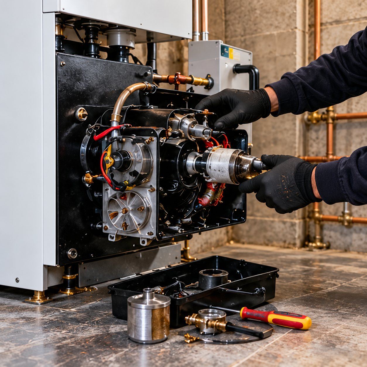 Oil boiler service: An annual service on an oil boiler before the winter.