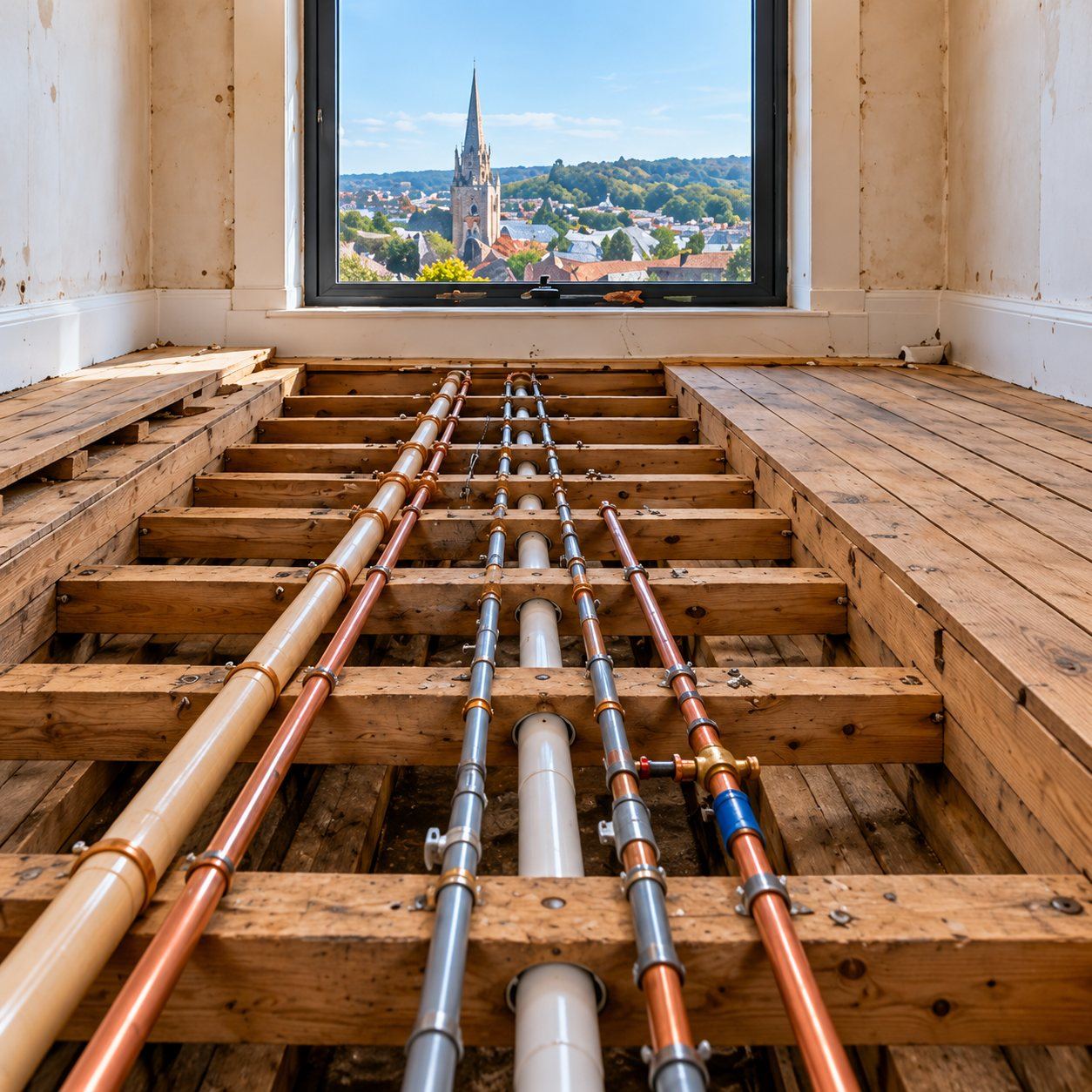 Full re-plumb of a 1960s house: A house being renovated, with old galvanised and lead pipework throughout.